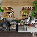 Stainless Steel Functional Table With Wooden Shelves Green Plant Baking Rack Coffee Machines And Drawers