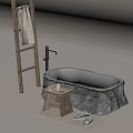 Natural Stone Bathtub With Wooden Ladder Small Stool And Slippers