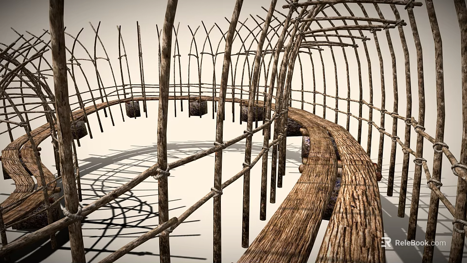 Wooden Arched Road Structure With Curved Path And Support Poles 3d model 