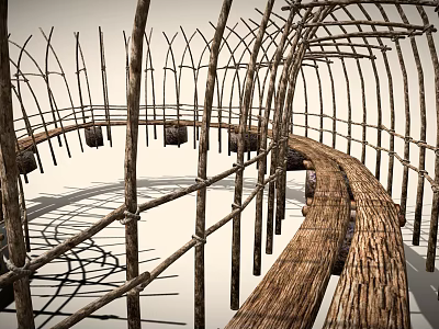 Wooden Arched Road Structure With Curved Path And Support Poles 3d model