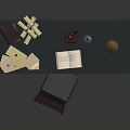 Deep Red Writing Desk With Matching Chair Open Notebook Quill Pen Inkwell And Lamp