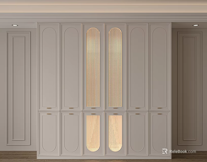 Light Gray Modern Wardrobe With Paneled Doors And Wooden Accent Details 3d model 
