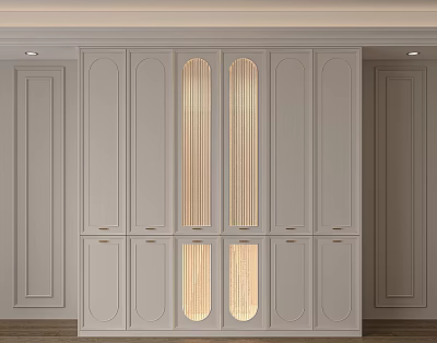 Light Gray Modern Wardrobe With Paneled Doors And Wooden Accent Details 3d model