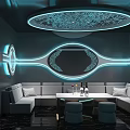 Modern KTV Interior with Round Ceiling Light Neon Accents and Comfortable Sofas