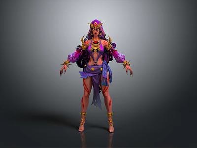 Fantasy Female Character in Purple and Gold Ornate Outfit with Headdress and Arm Accessories 3d model