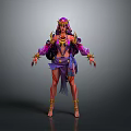Fantasy Female Character in Purple and Gold Ornate Outfit with Headdress and Arm Accessories
