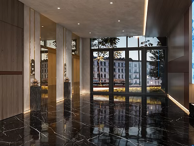 Modern Elevator Hallway Interior Design With Polished Marble Floor And Large Glass Windows 3d model