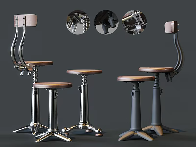 Modern Bar Stools With Adjustable Metal Base And Wooden Seat Design 3d model