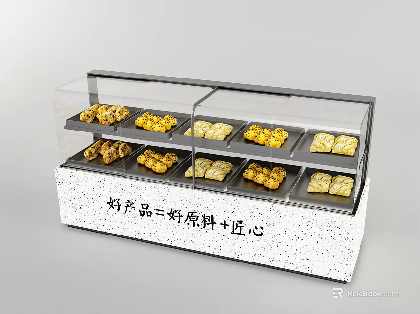 Food Display Shelf With Transparent Glass Doors And Golden Pastries On White Speckled Countertop 3d model 