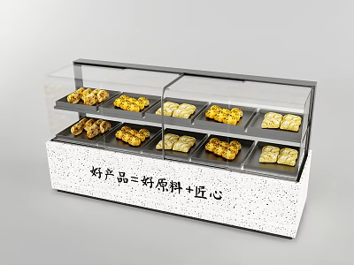 Food Display Shelf With Transparent Glass Doors And Golden Pastries On White Speckled Countertop 3d model