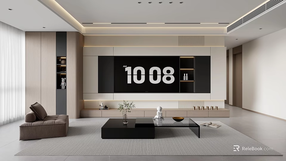 Modern Minimalist Living Room With Built In TV Wall And Cozy Ambient Lighting Interior Design 3d model 