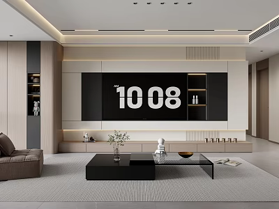 Modern Minimalist Living Room With Built In TV Wall And Cozy Ambient Lighting Interior Design 3d model