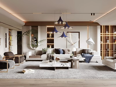 Modern Living Room Interior Design With Sofa Coffee Table Chandeliers Shelves And Plants 3d model