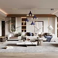 Modern Living Room Interior Design With Sofa Coffee Table Chandeliers Shelves And Plants