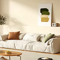 Modern White Sofa Coffee Table Set With Colored Pillows Decorative Painting And Potted Plant