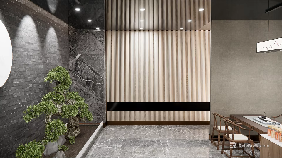 Modern Leisure Area Design With Marble Wall Wooden Slat Wall Green Plant And Wooden Furniture 3d model 