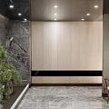 Modern Leisure Area Design With Marble Wall Wooden Slat Wall Green Plant And Wooden Furniture