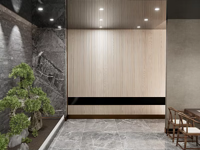 Modern Leisure Area Design With Marble Wall Wooden Slat Wall Green Plant And Wooden Furniture 3d model