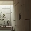 Modern Indoor Garden Landscape With White Square Tile Wall Green Plant And Skylight Lighting