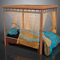 Double Bed With Wooden Frame Metal Railings Beige Patterned Canopy And Blue Orange Bedspread