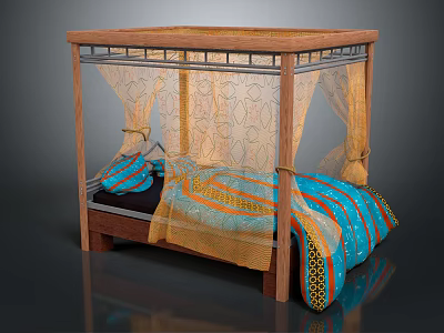 Double Bed With Wooden Frame Metal Railings Beige Patterned Canopy And Blue Orange Bedspread 3d model