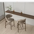 Modern Bar Counter With Two Beige Bar Stools Vase Plants Drink Glasses Near Window Blinds