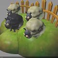Three Adorable Little Sheep One Black Two White Standing On Green Grass With Wooden Fence
