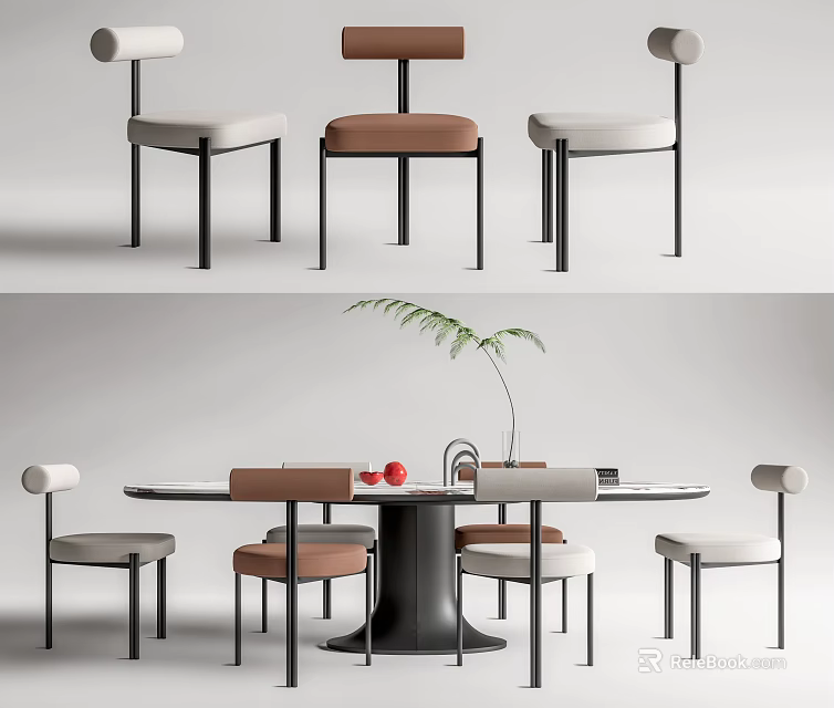 Modern Dining Table Set With Round Table Upholstered Chairs And Decorative Plants 3d model