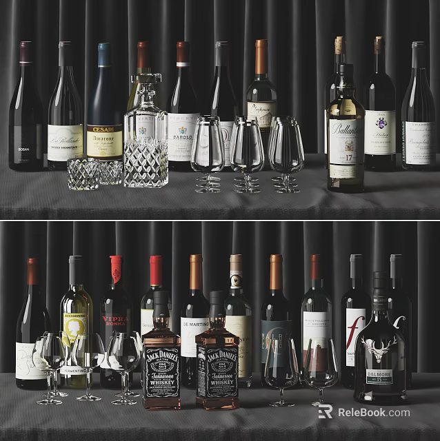 Assorted Wine And Spirits Bottles With Glassware Displayed On Dark Background 3d model