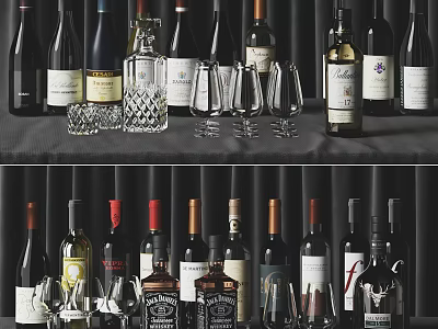 Assorted Wine And Spirits Bottles With Glassware Displayed On Dark Background 3d model