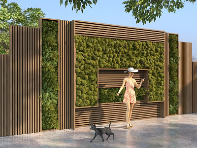 Outdoor Living Wall With Wooden Frame And Green Plants Featuring Woman And Dog 3d model