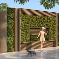 Outdoor Living Wall With Wooden Frame And Green Plants Featuring Woman And Dog