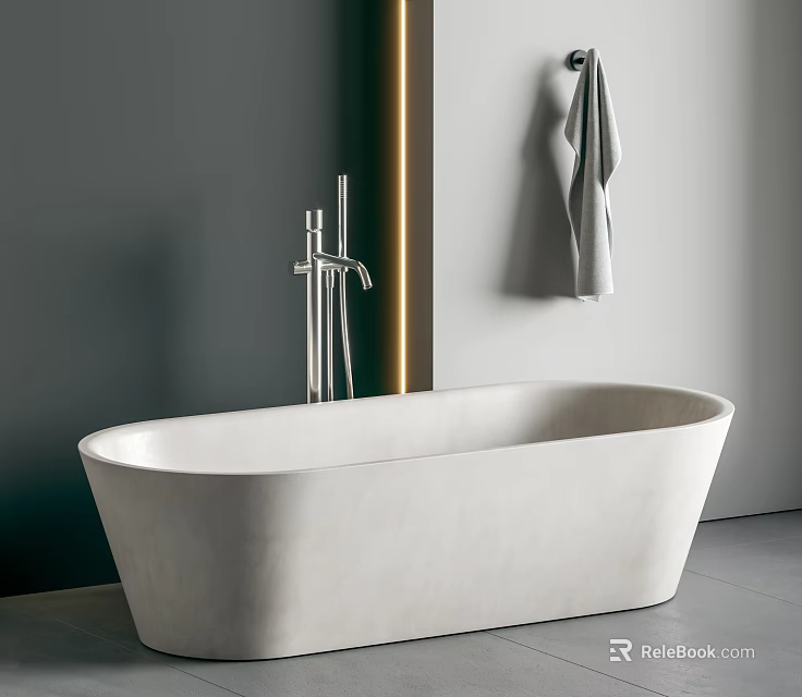 Freestanding White Bathtub with Silver Faucet Gray Wall Golden Light Strip and Hanging Gray Towel 3d model 