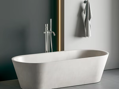 Freestanding White Bathtub with Silver Faucet Gray Wall Golden Light Strip and Hanging Gray Towel 3d model