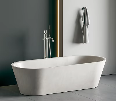 Freestanding White Bathtub with Silver Faucet Gray Wall Golden Light Strip and Hanging Gray Towel 3d model