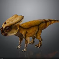 Orange Dinosaur Character With Red Stripes And Large Cranial Crest Standing On Black Background