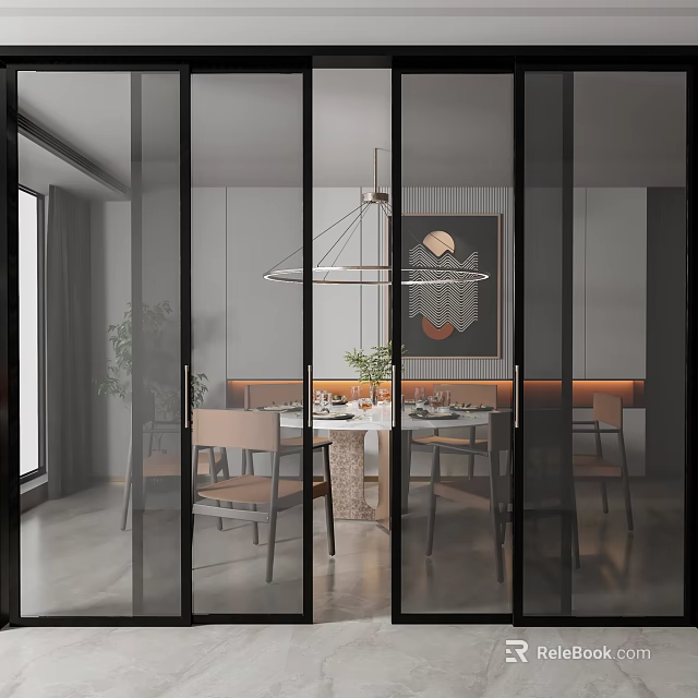 Modern Glass Sliding Doors With Black Frames In Dining Room With Table And Chairs 3d model 