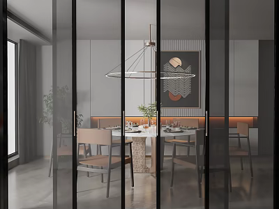 Modern Glass Sliding Doors With Black Frames In Dining Room With Table And Chairs 3d model