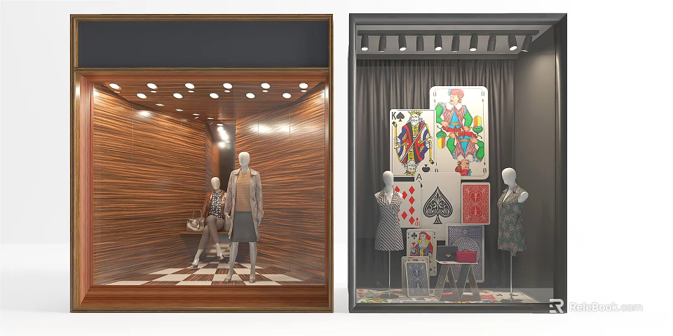 Fashion Store Window With Wooden Background Mannequins Dresses And Playing Card Decorations 3d model 