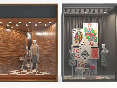 Fashion Store Window With Wooden Background Mannequins Dresses And Playing Card Decorations 3d model