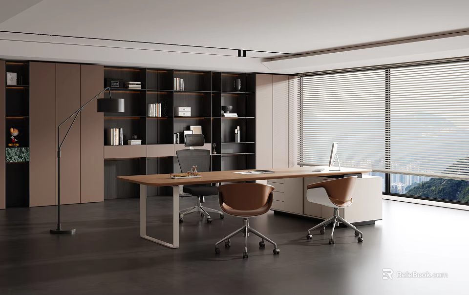 Modern Office Interior With Wooden Desk Bookshelf And Floor To Ceiling Window 3d model 