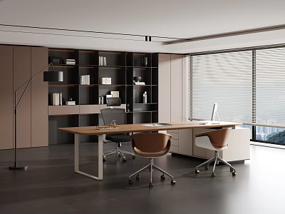 Modern Office Interior With Wooden Desk Bookshelf And Floor To Ceiling Window 3d model