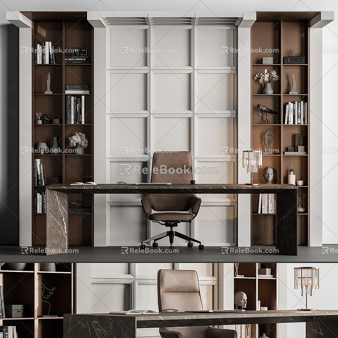 Furniture marble office chair metal bookshelf 3d model