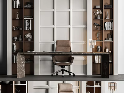 Modern Home Office Interior With Dark Wooden Desk Brown Office Chair And Decorative Bookshelves 3d model