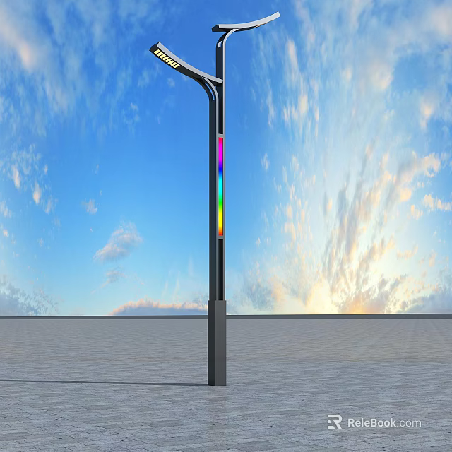 Outdoor Street Light with Rainbow Colored Strip Against Blue Sky and Sunset Clouds 3d model 