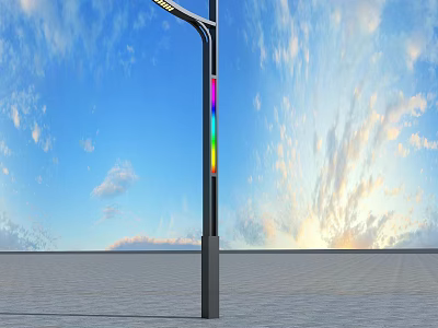Outdoor Street Light with Rainbow Colored Strip Against Blue Sky and Sunset Clouds 3d model
