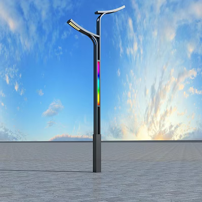 Outdoor Street Light with Rainbow Colored Strip Against Blue Sky and Sunset Clouds 3d model