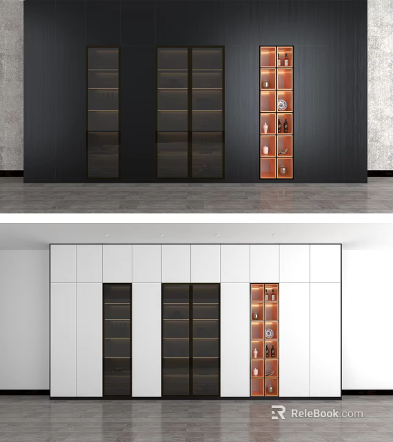 Modern Wine Cabinet Design With Black White And Orange Glass Door 3d model 