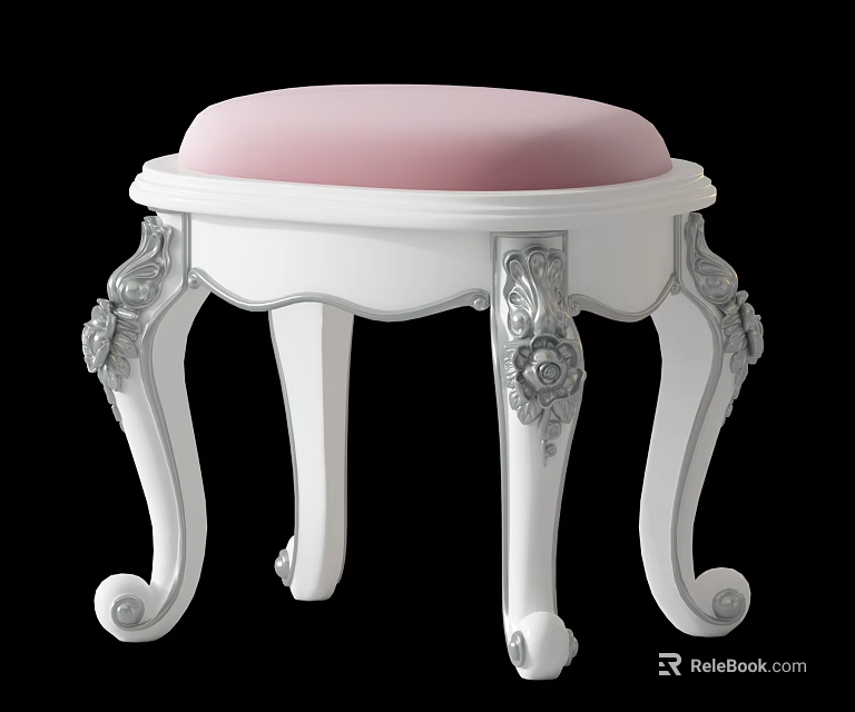 White Carved Stool With Pink Padded Seat And Elegant Decorative Legs Design 3d model 
