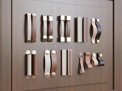 Various Stylish Cabinet Handles In Leather And Metal On Wooden Background 3d model